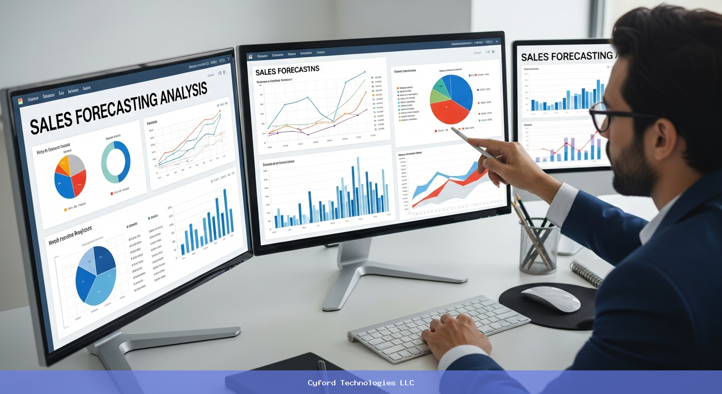 Financial analyst reviewing sales forecasting charts and data analytics